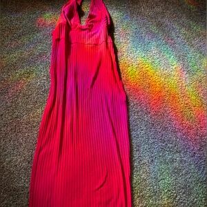 Hot pink halter ribbed fitted maxi dress